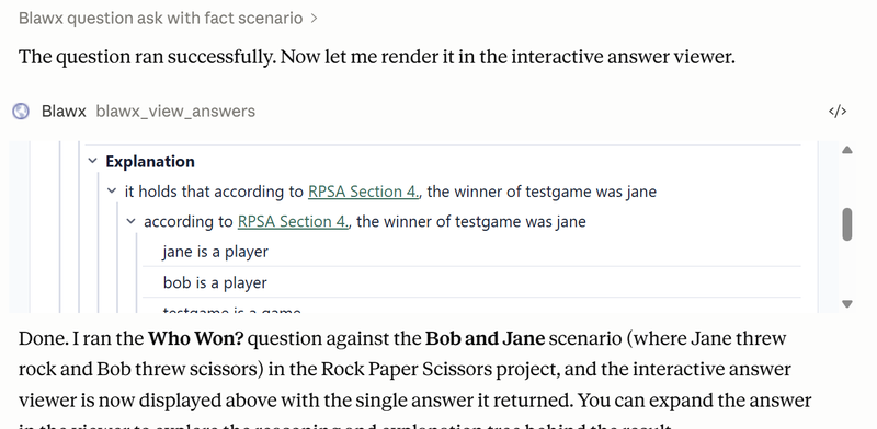 Image of the Blawx answer viewer MCP app displaying an answer to a rock paper scissors question inside the Claude agent UI.
