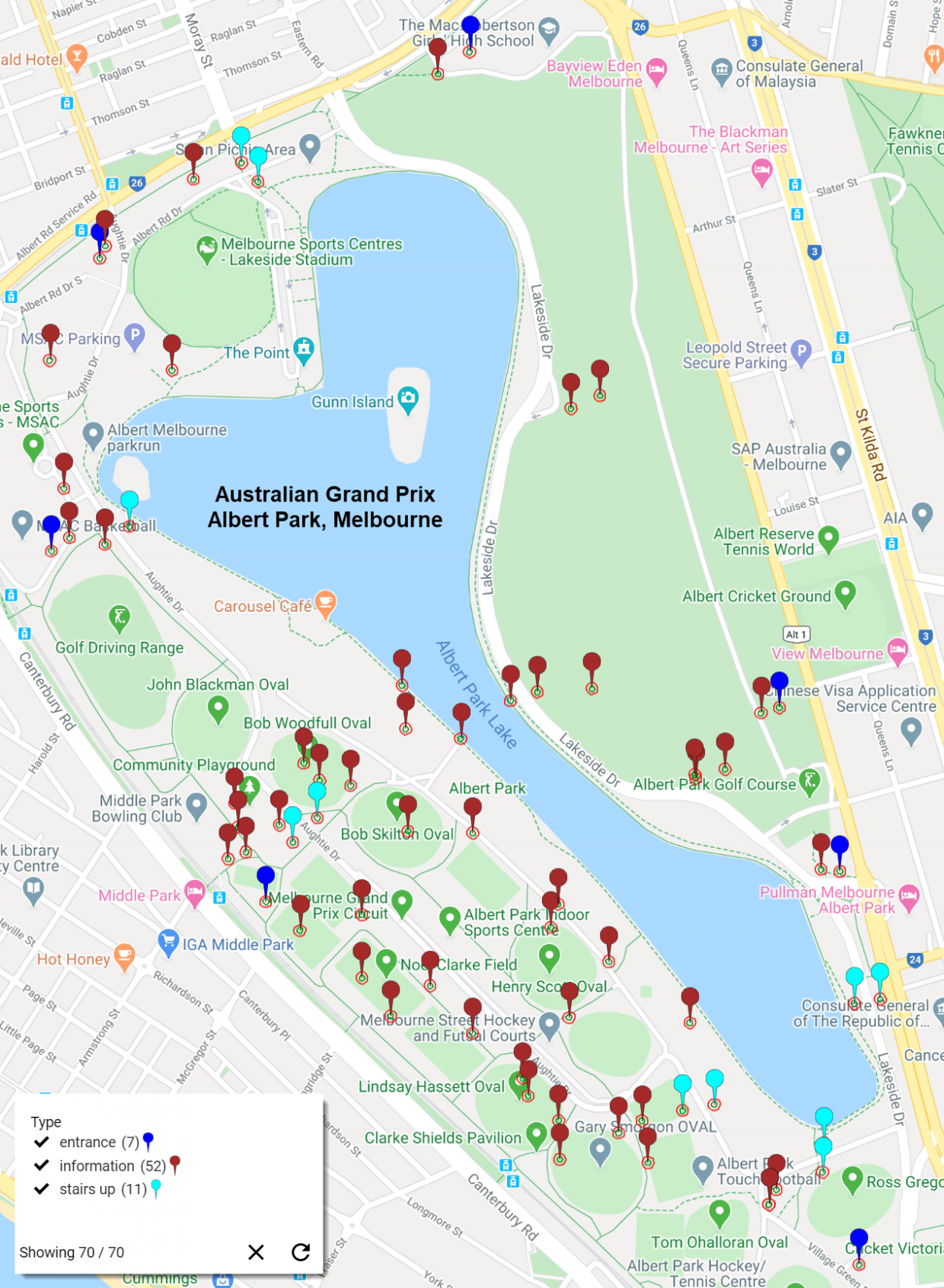 Map of Albert Park, Melbourne, where the 2020 Formula 1 Grand Prix indy car race will take place. There are points of interest marked throughout the map, surrounding Albert Park Lake.