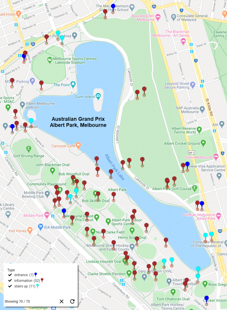 Map of Albert Park, Melbourne, where the 2020 Formula 1 Grand Prix indy car race will take place.

There are points of interest marked throughout the map, surrounding Albert Park Lake.