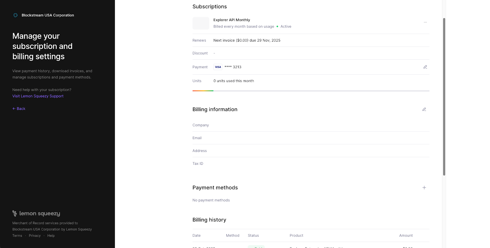 Blockstream Explorer API Lemon Squeezy Portal