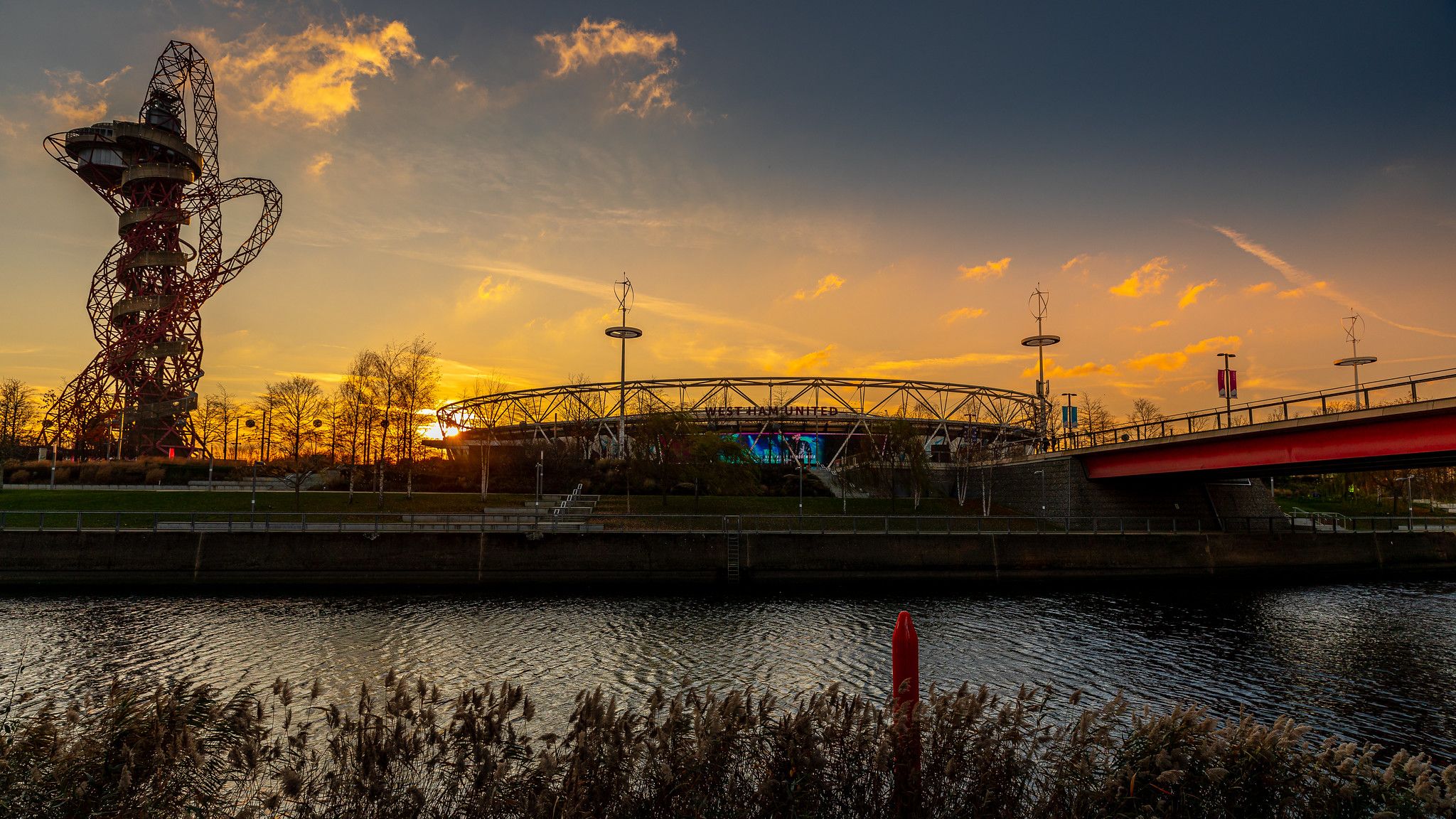 Sun setting over the London Stadium