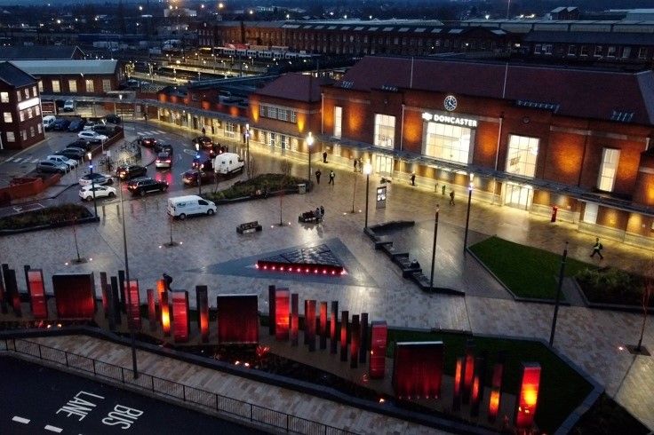 Doncaster railway station forecourt in the evening