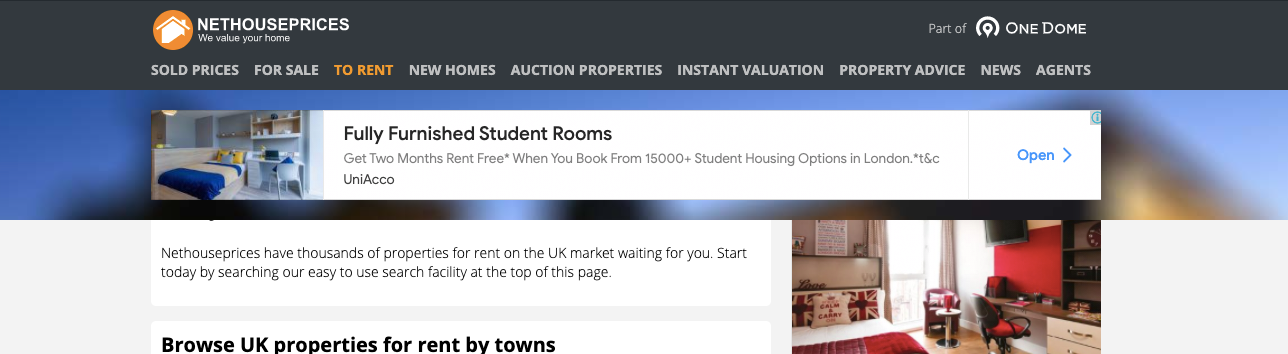 A search box for properties to rent