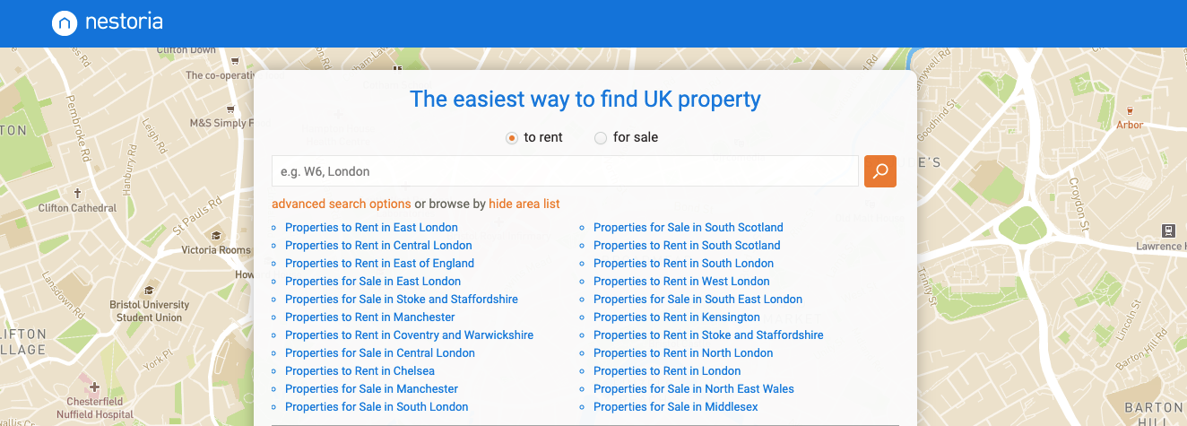 Listings of property to rent with a map in the background