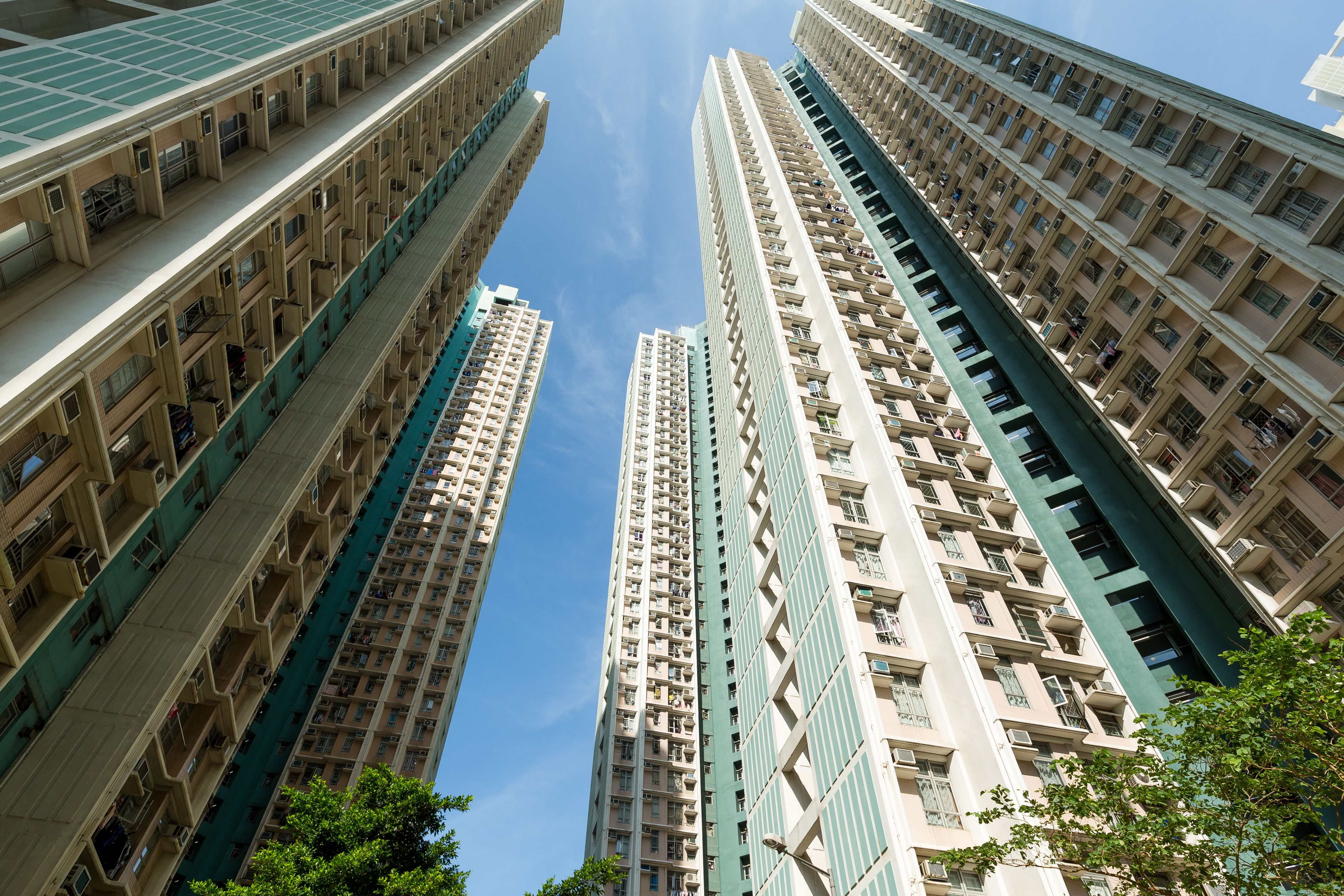 Many high-rise apartment buildings in a block