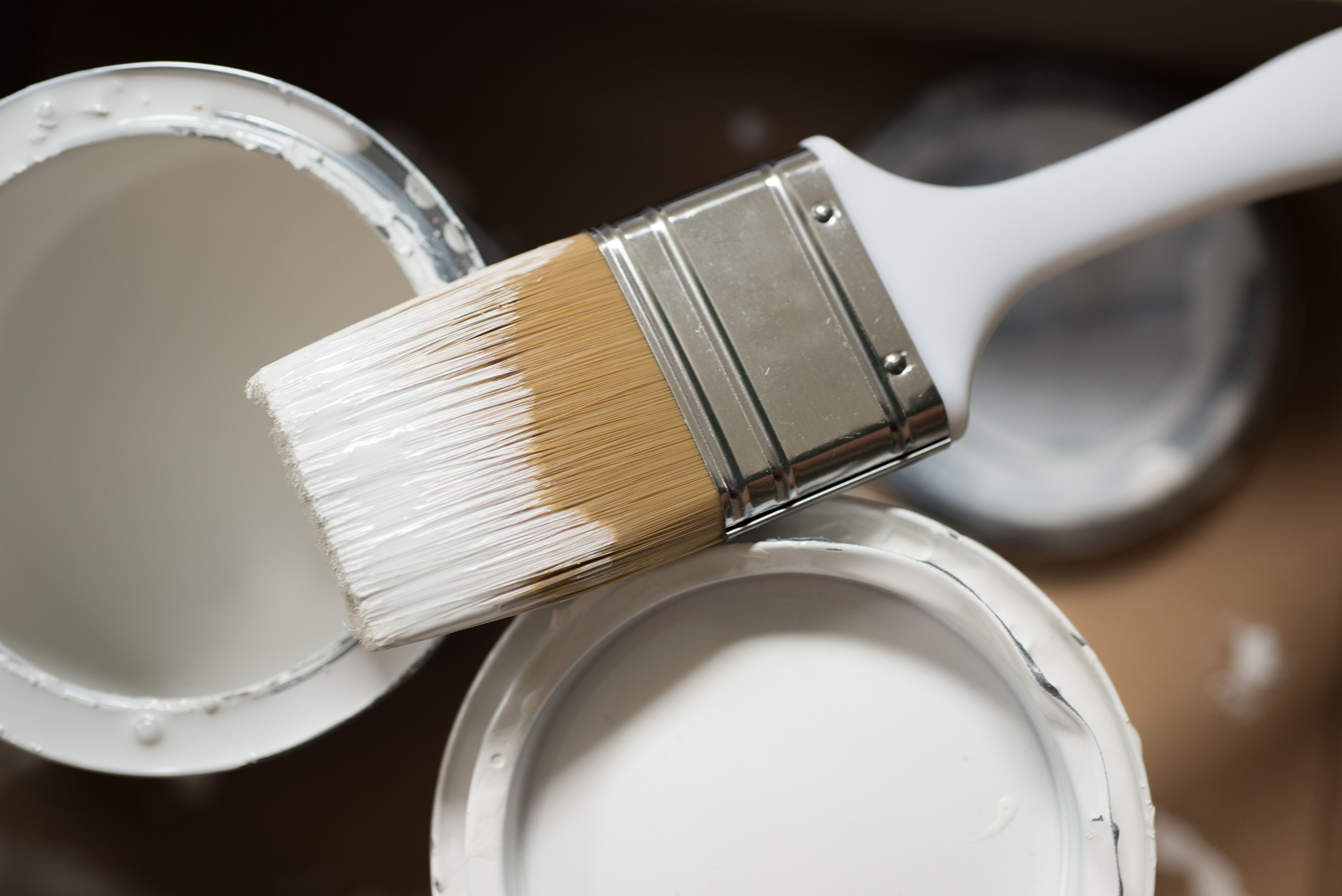 A white paint brush on top of 2 white paint cans, reflecting ongoing home improvements and refurbishments.