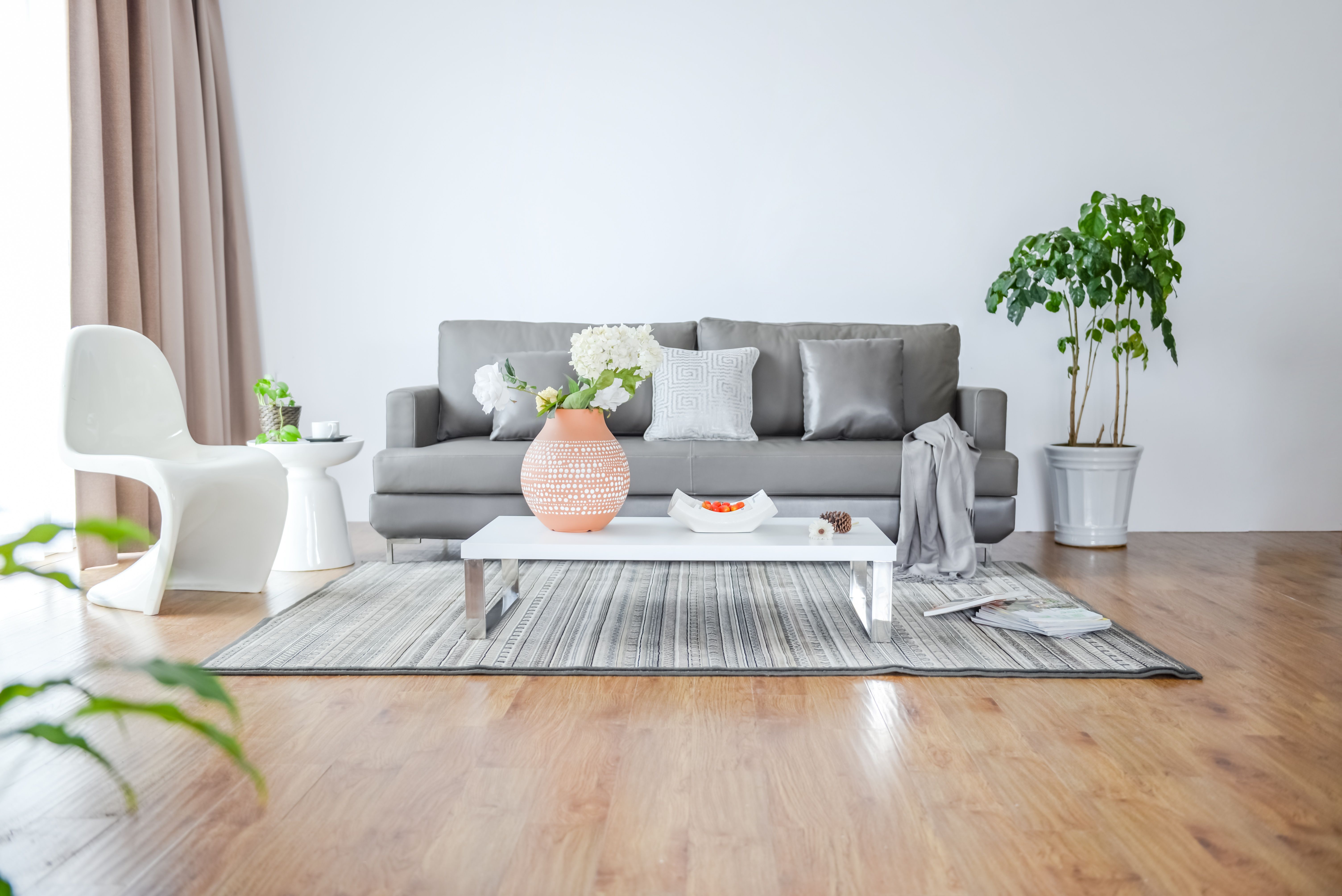 A minimalist living room of a Build To Rent property with a white chair, a grey sofa, a green plant from left to right.