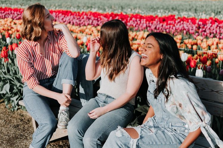 three women sitting on a wooden bench by the tulip flower field, laughing together