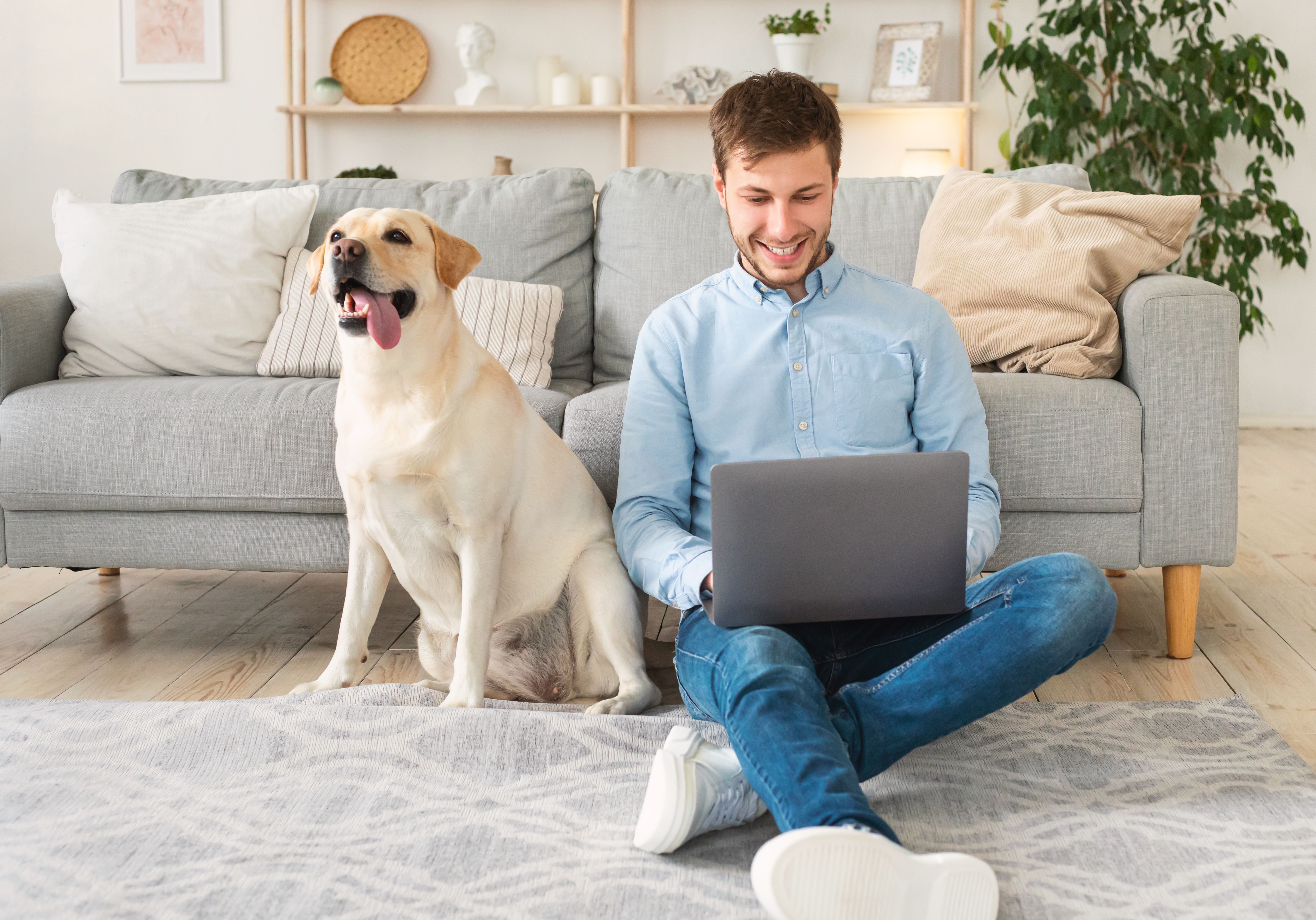 A happy dog-owner spending quality time with his dog at their new Build To Rent apartment.