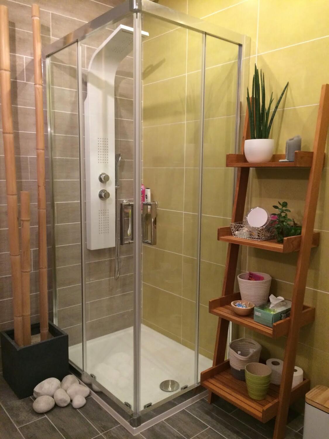 Grand Pommeau De Douche Et Finition En Bois à L'intérieur De La Salle De  Bain Moderne Rénovée