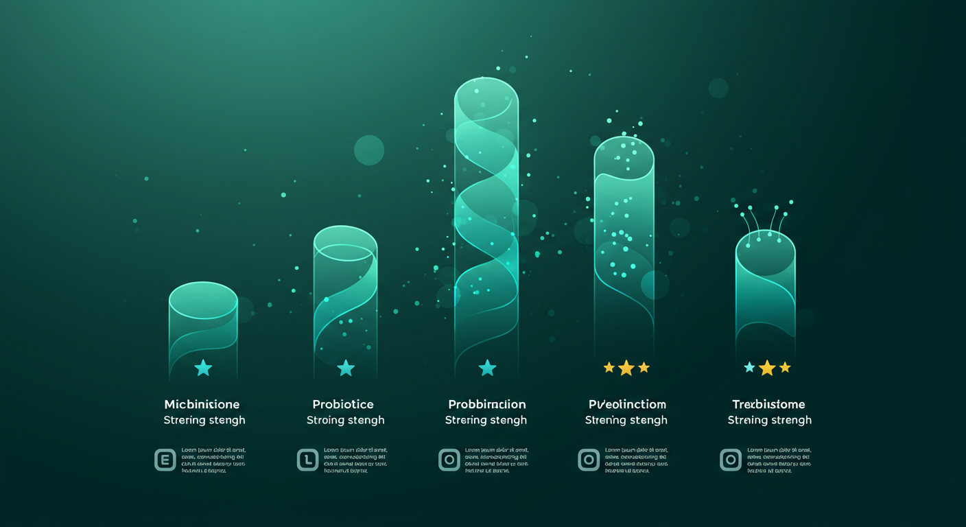 Comparison chart of five probiotic strains showing evidence strength ratings for bloating relief