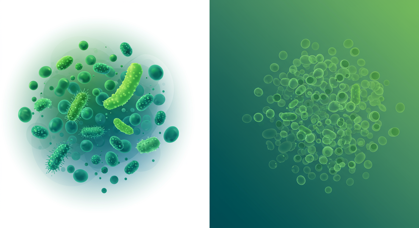 Illustration comparing a balanced microbiome with diverse bacteria versus a depleted microbiome with fewer species, in contrasting green and muted tones