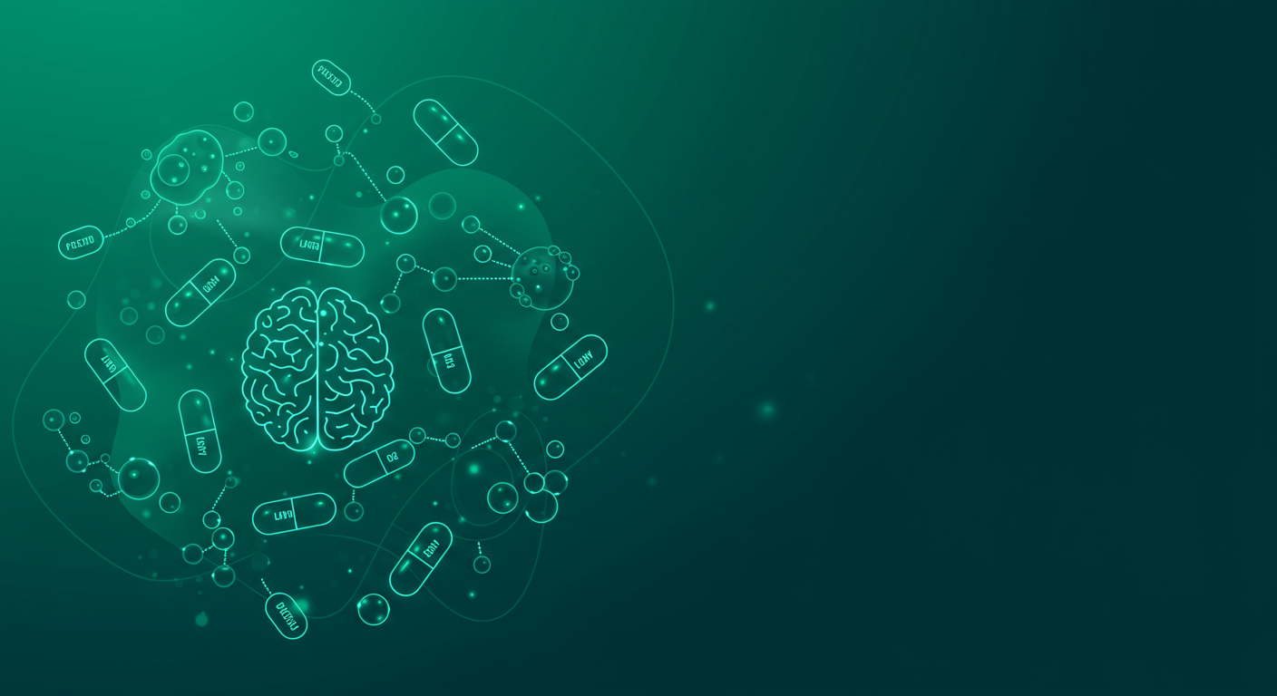 Illustration of labeled probiotic strain capsules organized by function with flowing connections to brain and gut health outcomes