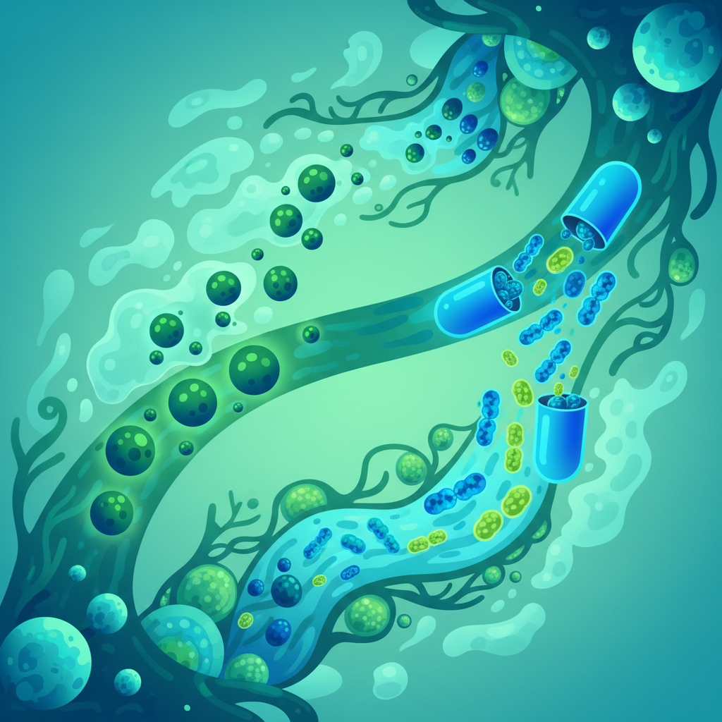 Friendly editorial illustration showing two complementary pathways — one with prebiotic fibers feeding bacteria, one with probiotic capsules introducing new bacteria. Organic shapes, greens and blues.