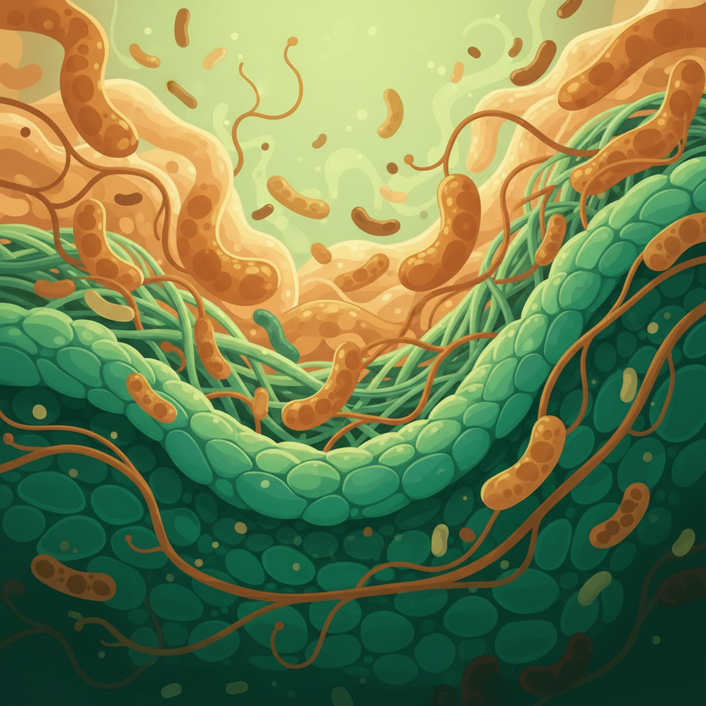 Warm editorial illustration showing Lactobacillus and Bifidobacterium as friendly silhouettes reinforcing a gut wall. Earthy greens and amber tones.