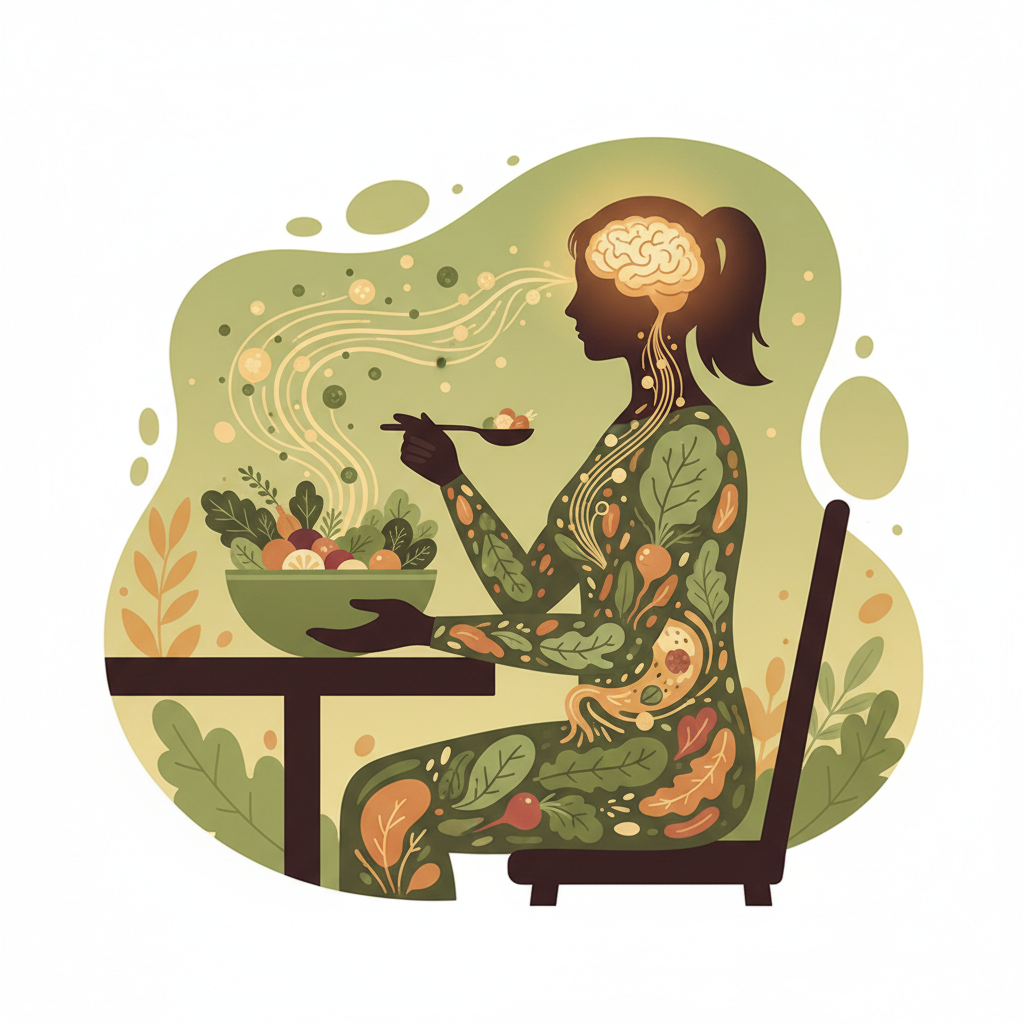 Editorial illustration of a person enjoying a fiber-rich meal, with subtle gut-brain axis iconography. Warm, approachable palette.
