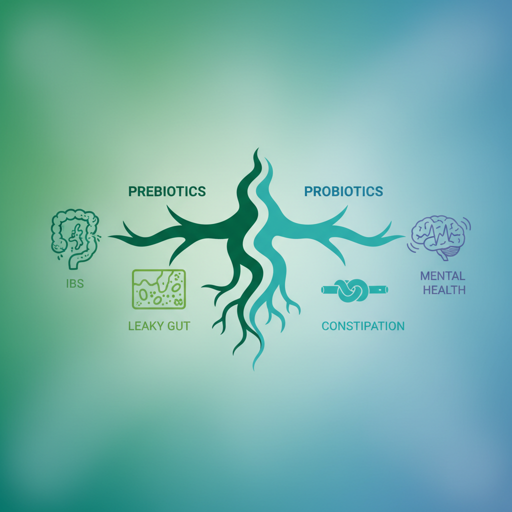 Clean decision tree illustration — a fork in a path labeled "prebiotics" and "probiotics," with branches for IBS, leaky gut, constipation, and mental health. Calm editorial aesthetic, greens and blues.