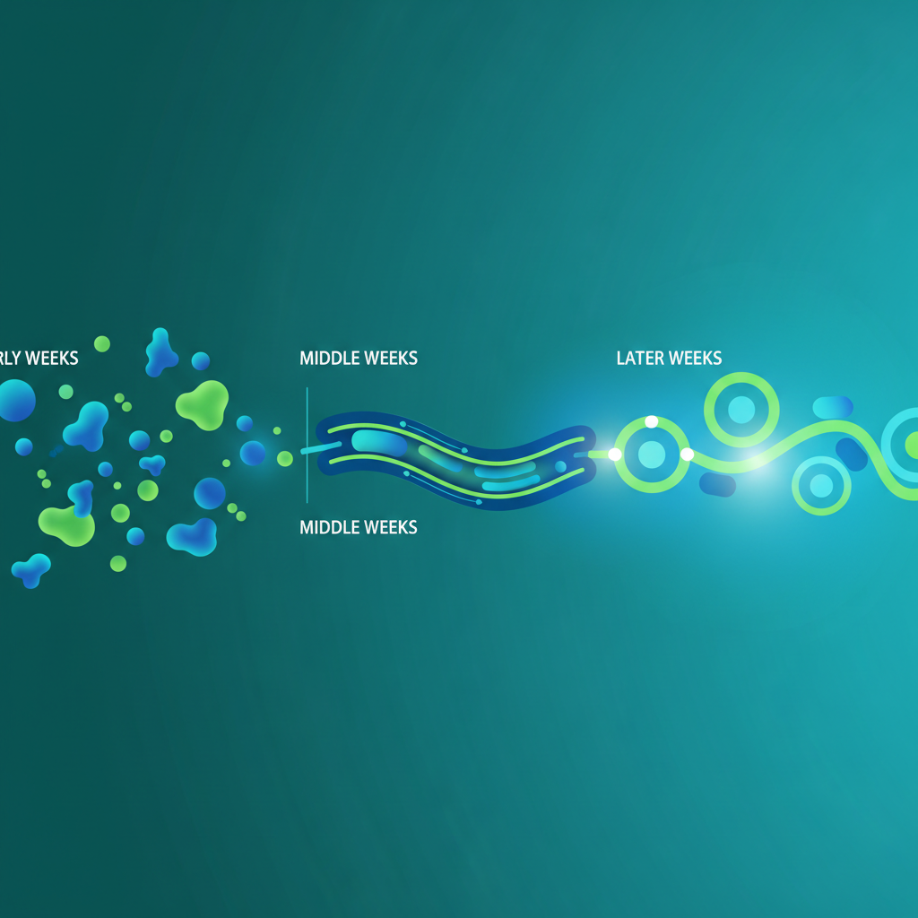 Simple timeline illustration showing week-by-week gut changes — microbiome shifts in week 1-2, symptom changes in week 3-4, metabolic marker shifts at week 8+. Clean, editorial, data-forward design.
