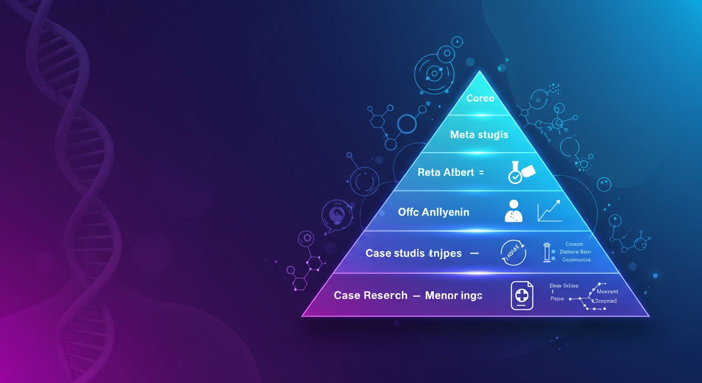 보라색과 파란색 그라데이션으로 표현된 과학적 근거 피라미드 일러스트, 다양한 연구 유형을 나타내는 층으로 구성