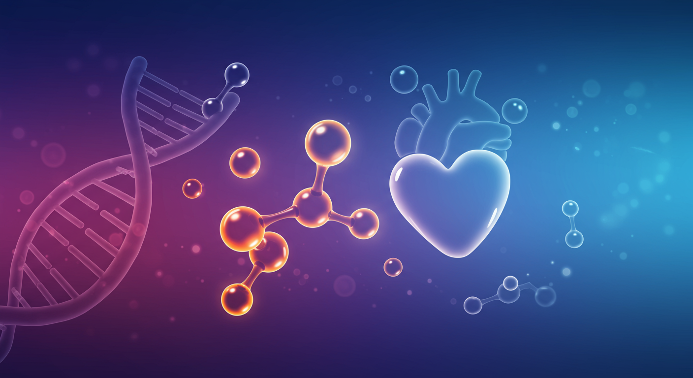 오메가-3 분자 구조가 심장 및 DNA 요소와 상호작용하는 일러스트, 파란색과 에메랄드 톤으로 심혈관 및 장수 경로를 표현