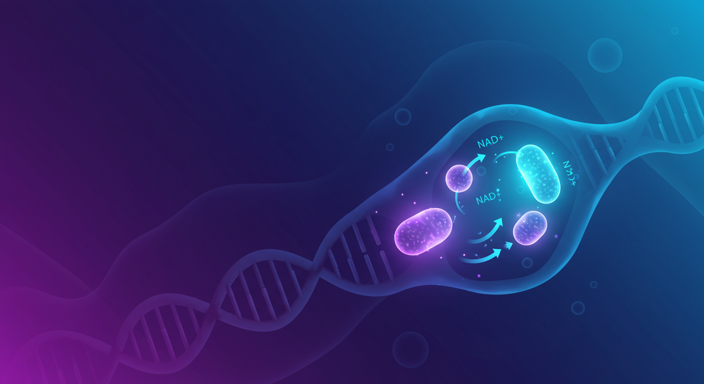 세포 내에서 NAD+ 분자가 보충되는 일러스트, 보라색과 파란색 톤으로 빛나는 미토콘드리아가 세포 에너지 복원을 나타냄