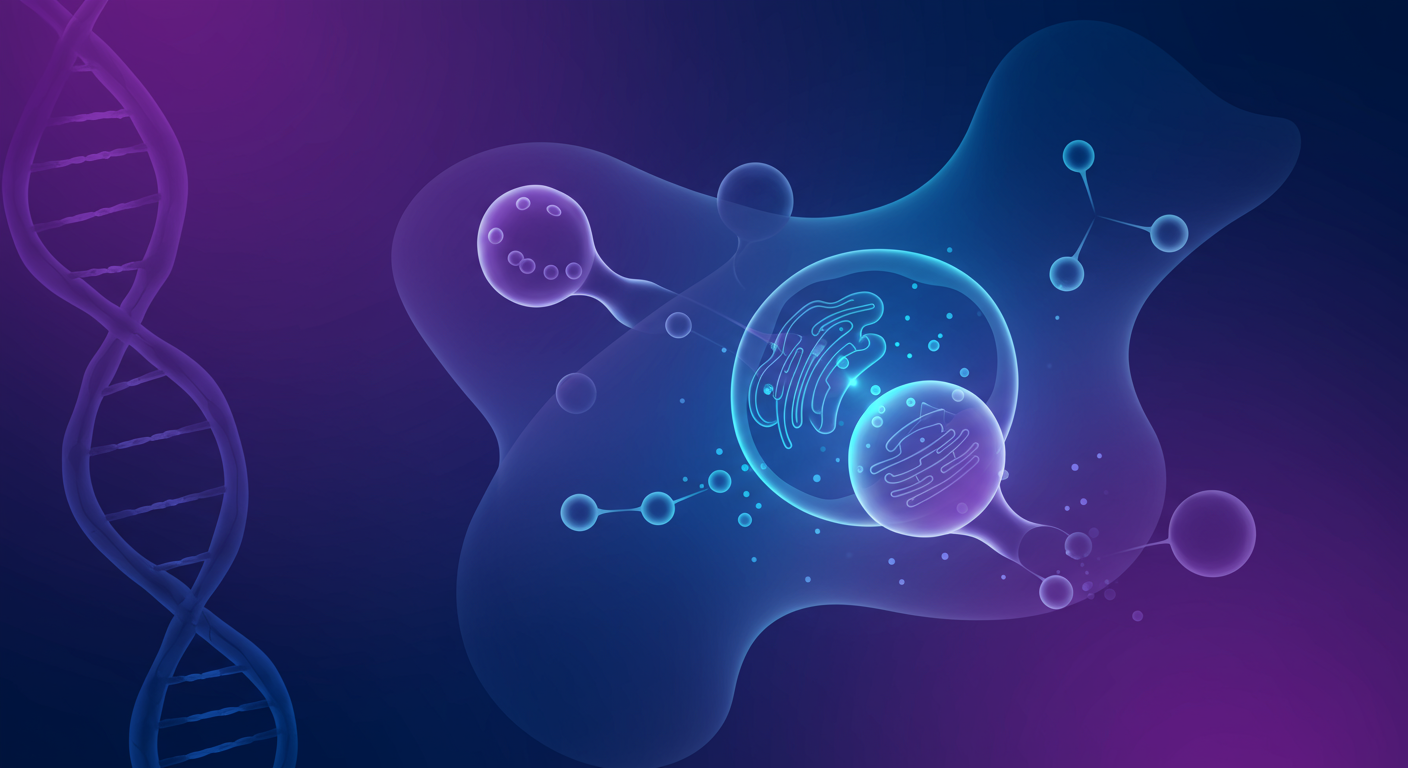 세포 내 오토파지 일러스트, 손상된 구성요소를 제거하는 세포 재활용 기구를 보여주며, 짙은 보라색과 우주적 파란색 톤으로 표현