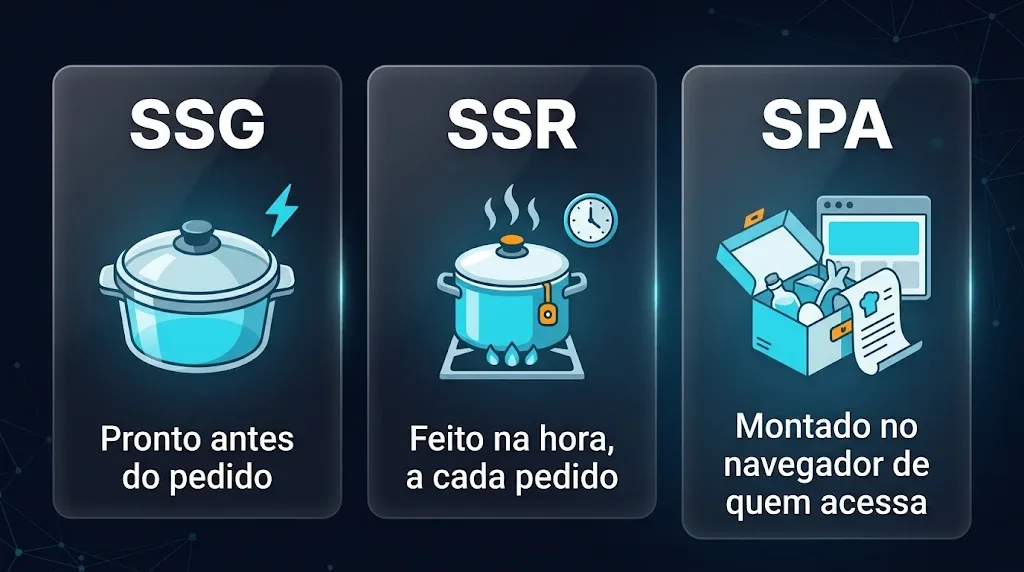 Analogia do restaurante: SSG como marmita pronta, SSR como prato feito na hora e SPA como kit montado em casa Analogia do restaurante: SSG como marmita pronta, SSR como prato feito na hora e SPA como kit montado em casa