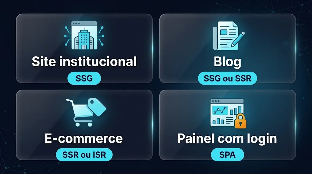 Grade com tipos de projeto e a arquitetura recomendada: site institucional SSG, blog SSG ou SSR, e-commerce SSR ou ISR, painel com login SPA Grade com tipos de projeto e a arquitetura recomendada: site institucional SSG, blog SSG ou SSR, e-commerce SSR ou ISR, painel com login SPA