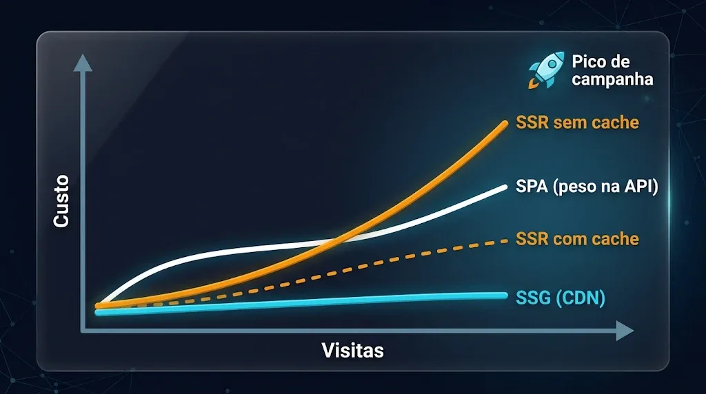 Gráfico de custo por número de visitas: SSG quase plano, SPA moderado, SSR sem cache subindo rápido e SSR com cache mais controlado Gráfico de custo por número de visitas: SSG quase plano, SPA moderado, SSR sem cache subindo rápido e SSR com cache mais controlado