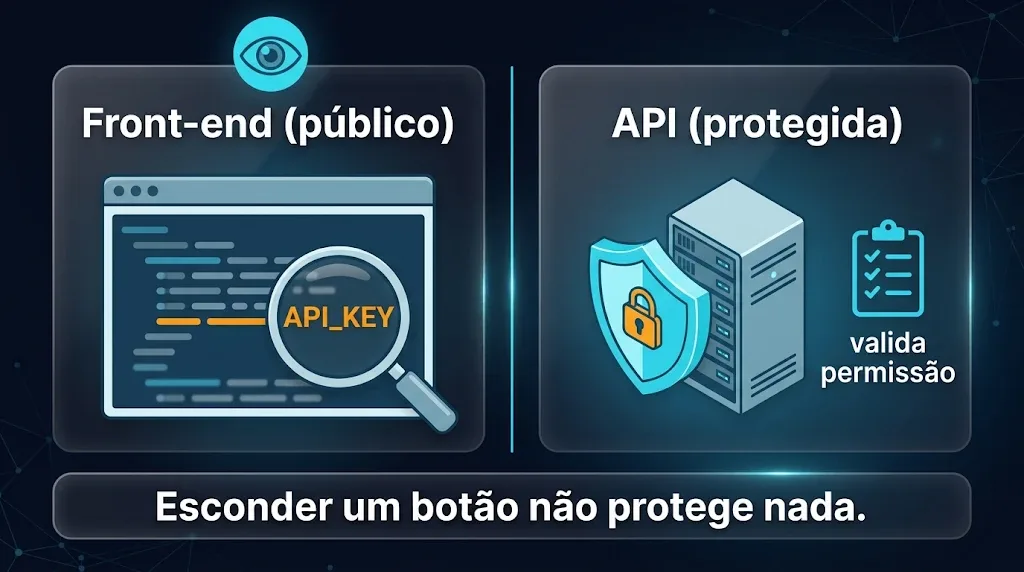 Comparação entre front-end público, onde uma chave de API fica exposta, e API protegida que valida permissões no servidor Comparação entre front-end público, onde uma chave de API fica exposta, e API protegida que valida permissões no servidor