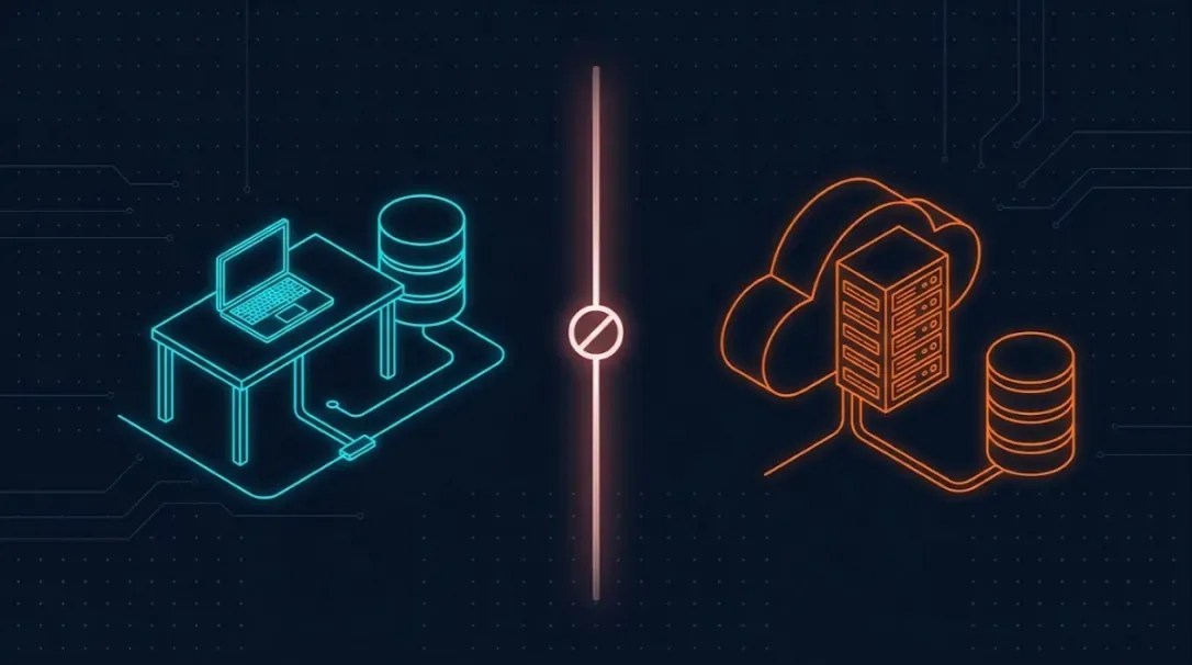 Ambiente de desenvolvimento (notebook e banco de dados local, em ciano) separado do ambiente de produção (nuvem com servidor e banco de dados, em laranja) por uma barreira sem conexão entre eles