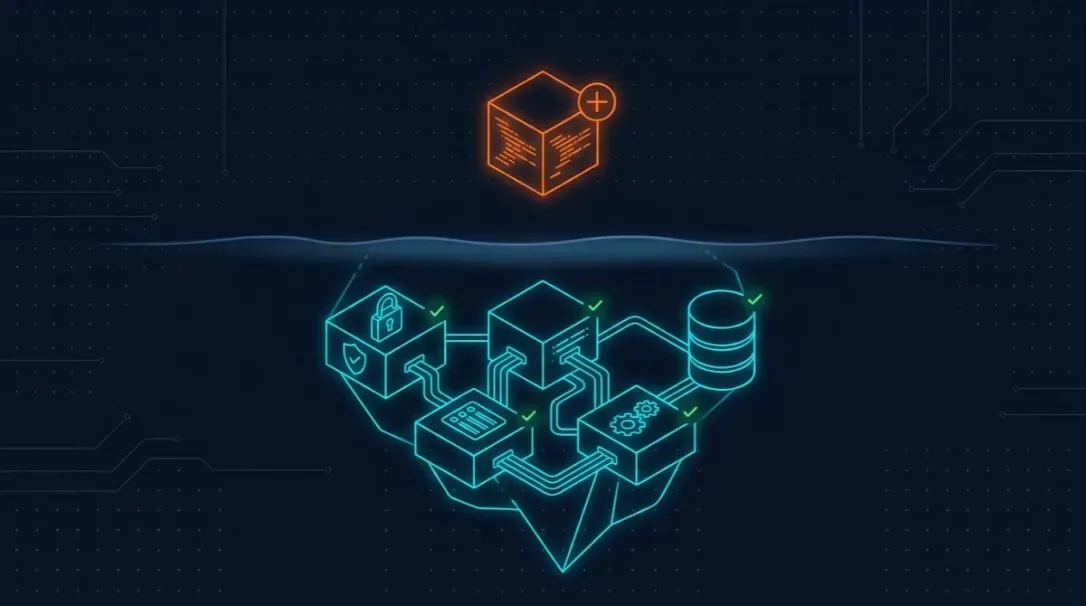 Ilustração em estilo iceberg: um pequeno bloco laranja de funcionalidade nova acima da linha d’água e, abaixo, uma base muito maior de módulos já existentes (login, formulário, configurações, banco de dados), todos marcados como funcionando