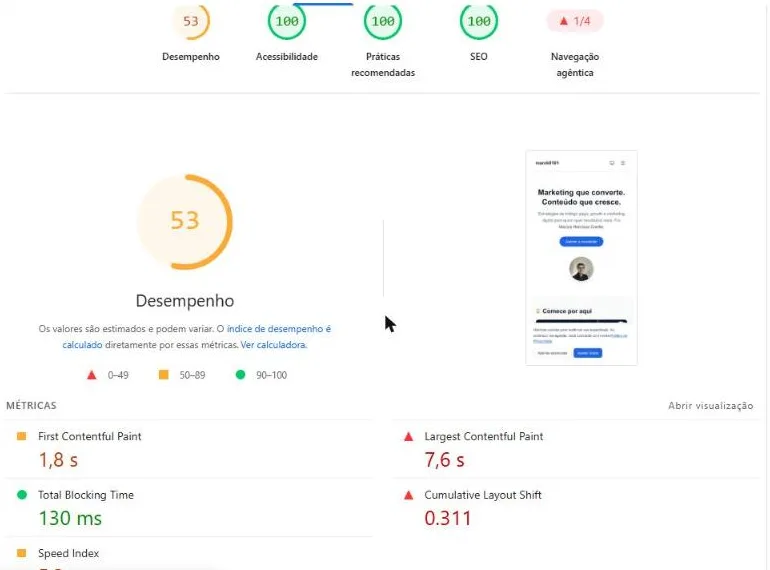 Print do PageSpeed Insights do blog no celular: desempenho 53, acessibilidade, SEO e boas práticas 100