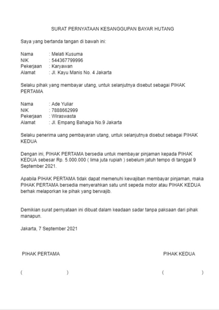 Contoh Surat Pernyataan Hutang Piutang Homecare