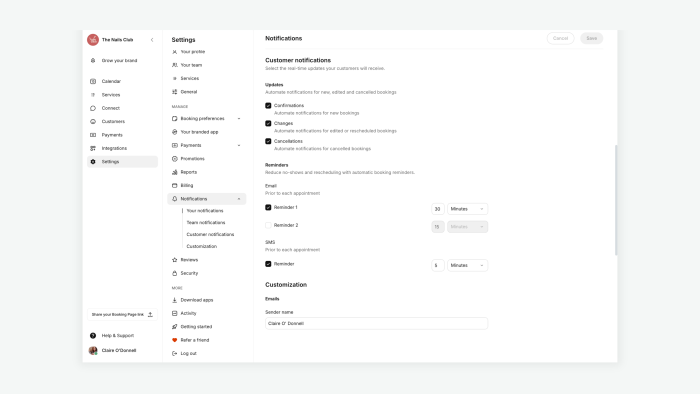 notifications in Setmore web app