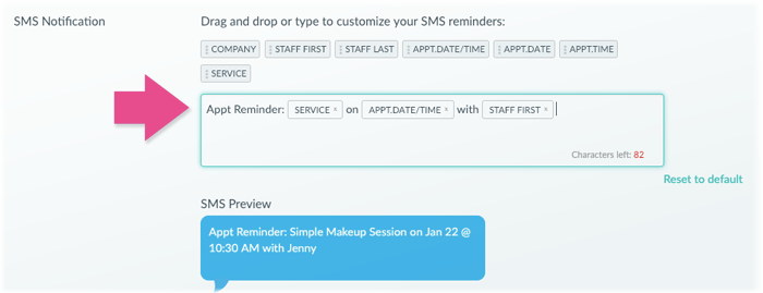 The Reminders Customization menu in Setmore.