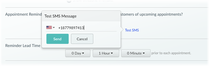 The Test SMS menu in Setmore.