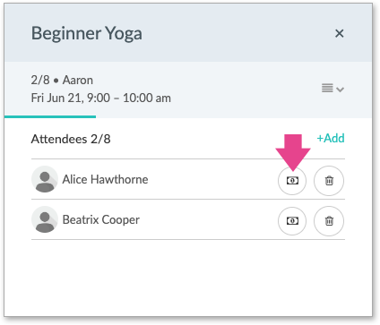 A list of attendees showing the cash icon next to an attendee's name.