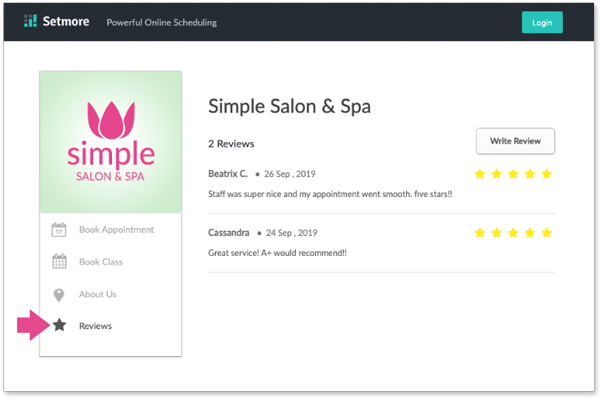 A sample booking page with the reviews.