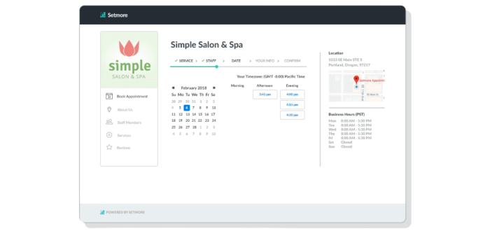 Setmore booking page screen for spa and salon