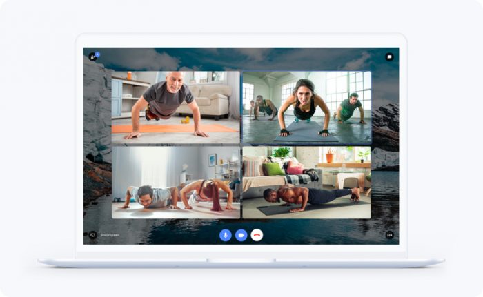 An image of people working out on a video call.