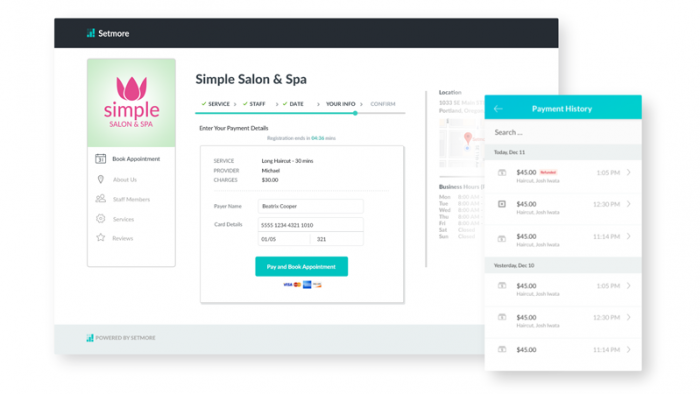 The Setmore Booking Page shows a payment screen.