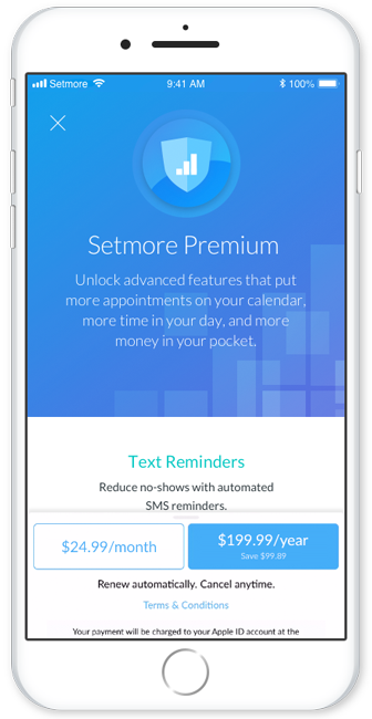 Setmore premium signup screen in iphone
