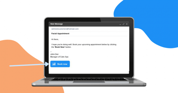 Gmail signature booking button displayed on laptop screen