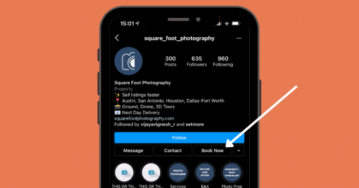 'Book Now' button displayed on a photographer's Instagram page