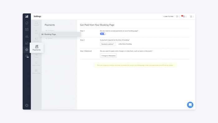 Booking Page payment settings in Setmore app