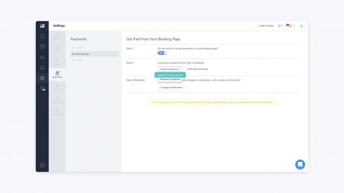 Payments menu in Setmore app