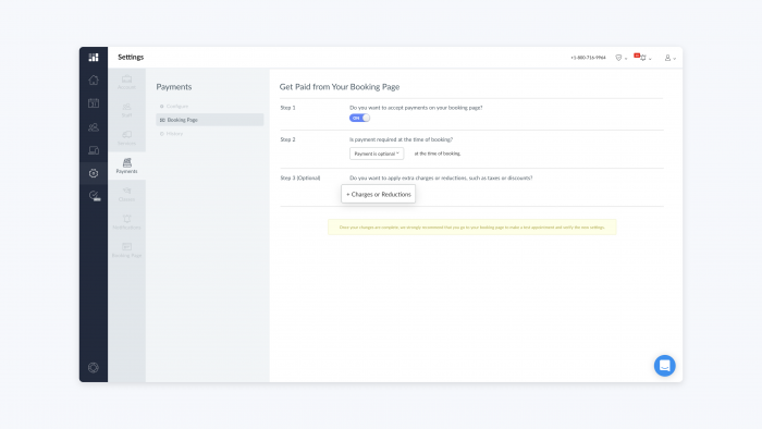 Payments menu in Setmore web app