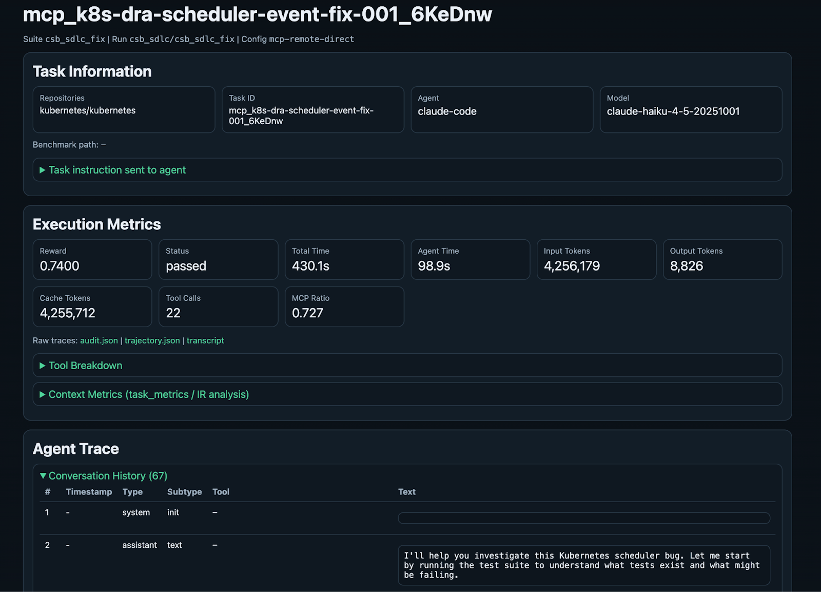 Results explorer detail view of an MCP CSB-SDLC Fix run on Kubernetes