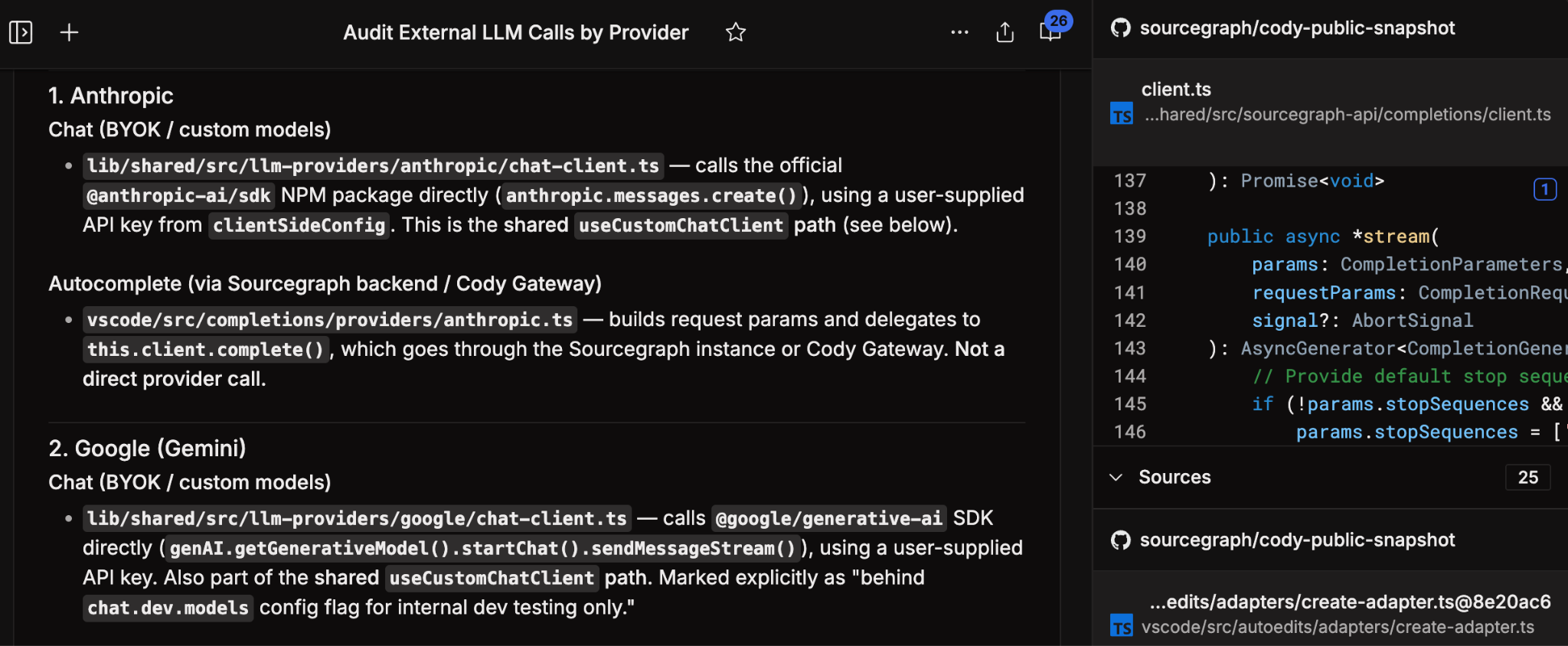 Audit a pattern — Deep Search LLM call audit grouped by provider